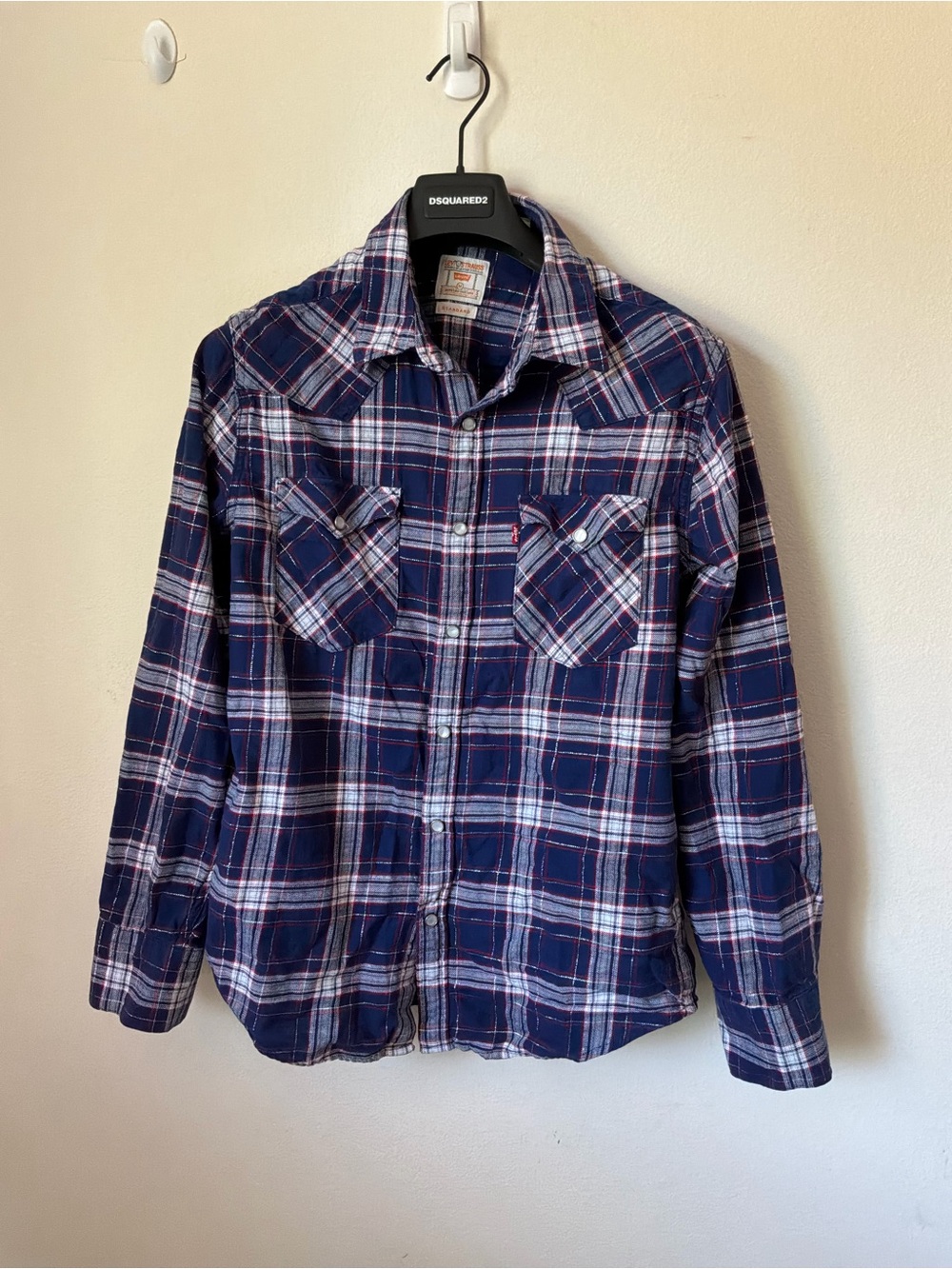 Vintage Plaid Button-Up Shirt - Navy/White